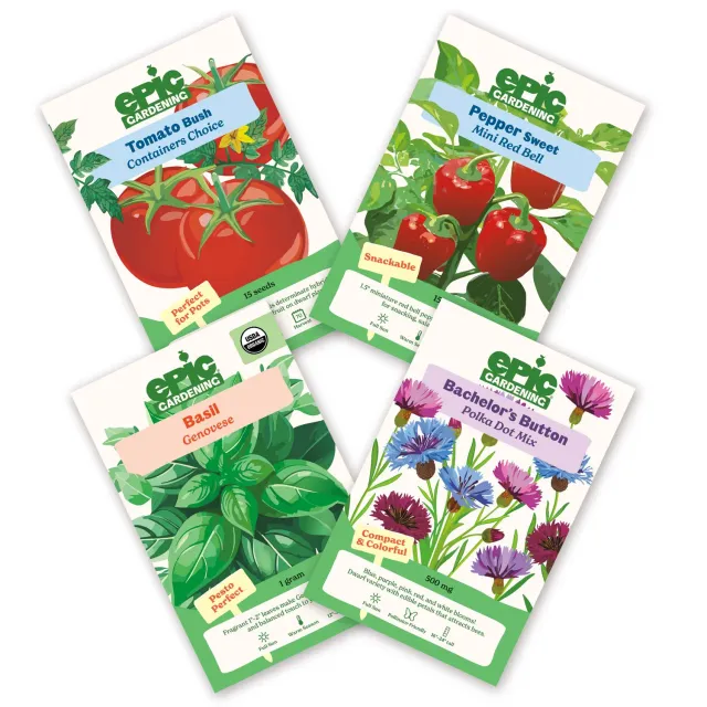 Epic Gardening Mini Garden Seed Bundle - Tomato Pepper Herb Flower
